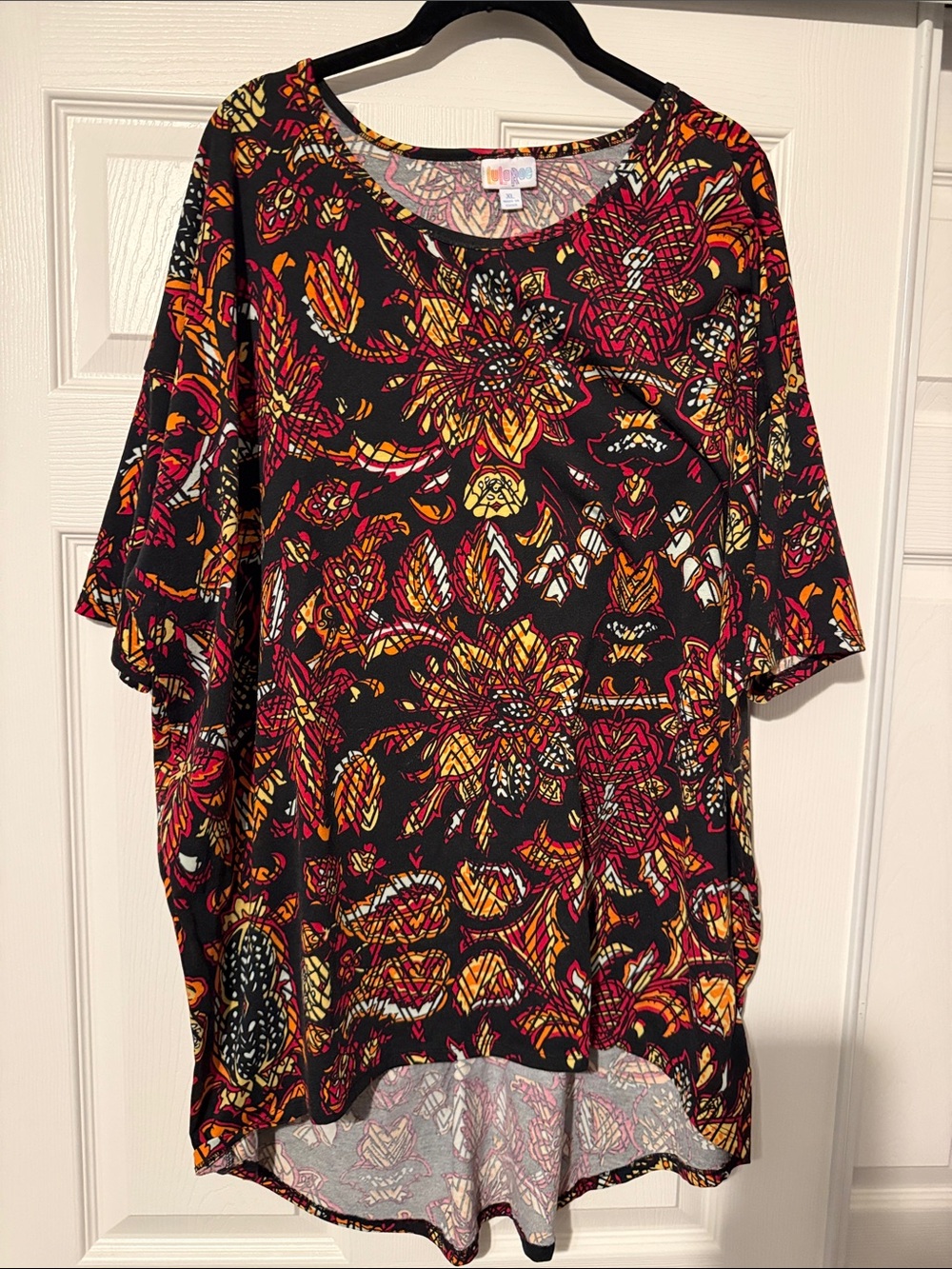 LuLaRoe Black Floral Tunic with Red, Orange & Yellow Accents